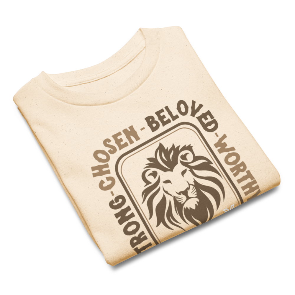 Child Of God With Lion - Strong - Chosen - Beloved - Worthy Youth T-shirt