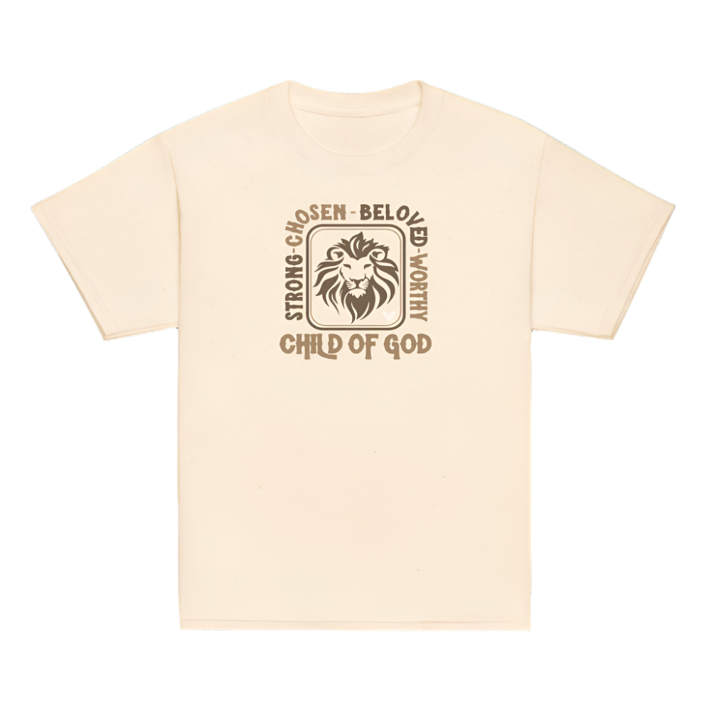 Child Of God With Lion - Strong - Chosen - Beloved - Worthy Youth T-shirt