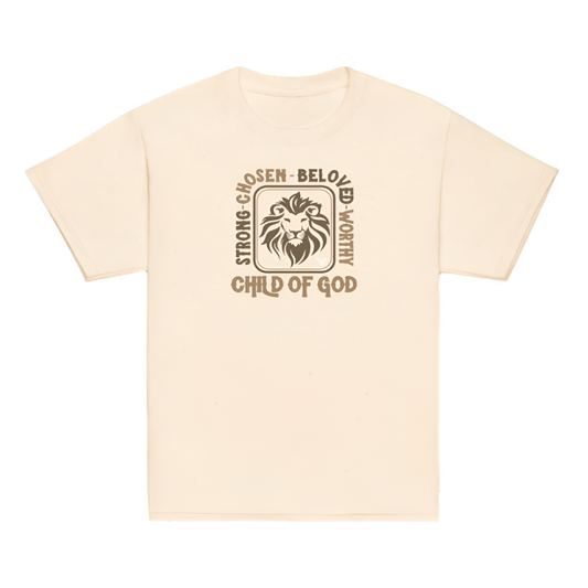 Child Of God With Lion - Strong - Chosen - Beloved - Worthy Youth T-shirt
